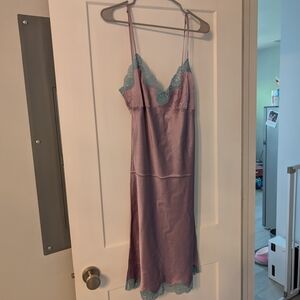 Gold Hawk Lavender Mist Silk Slip Dress with Blue Lace L - NWT